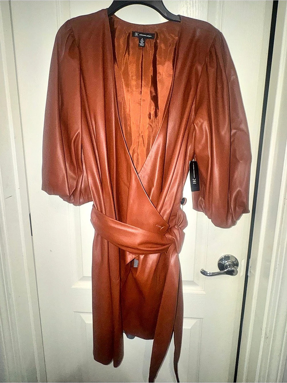 INC International Concepts Faux Leather Wrap Mini Dress Size 14 NWT